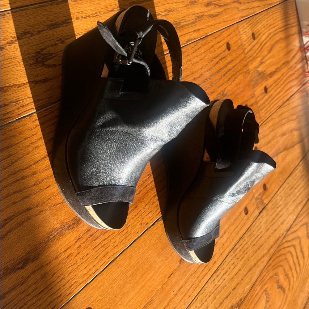 Eileen Fisher Black Leather Wedge Sandals